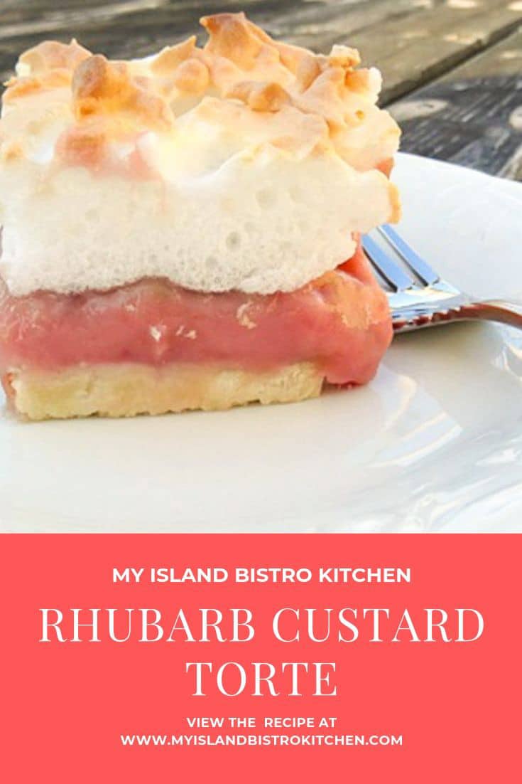 Slice of Rhubarb Custard Torte on White Plate