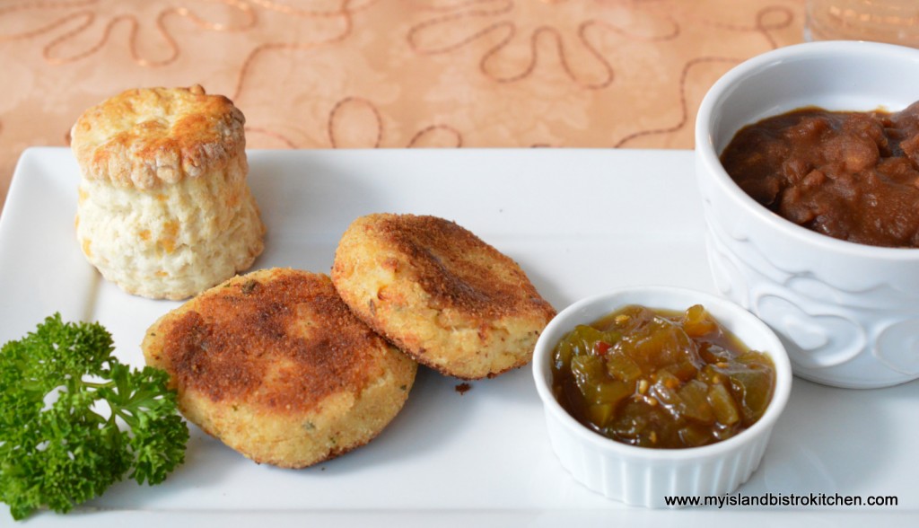 Green Tomato Chow with Fish Cakes, Baked Beans, and a Homemade Biscuit