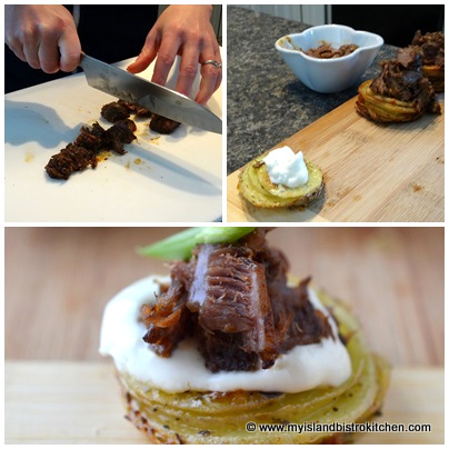 Potato Base Canapé topped with Sour Cream and Braised Beef 