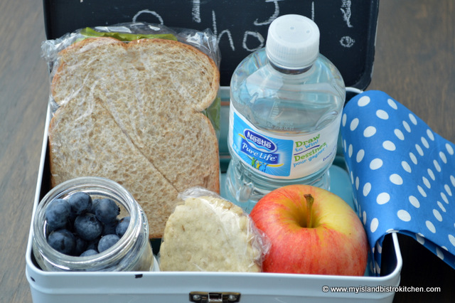School Lunch: Tuna Salad Sandwich, Apple, Blueberries, and an Oatcake