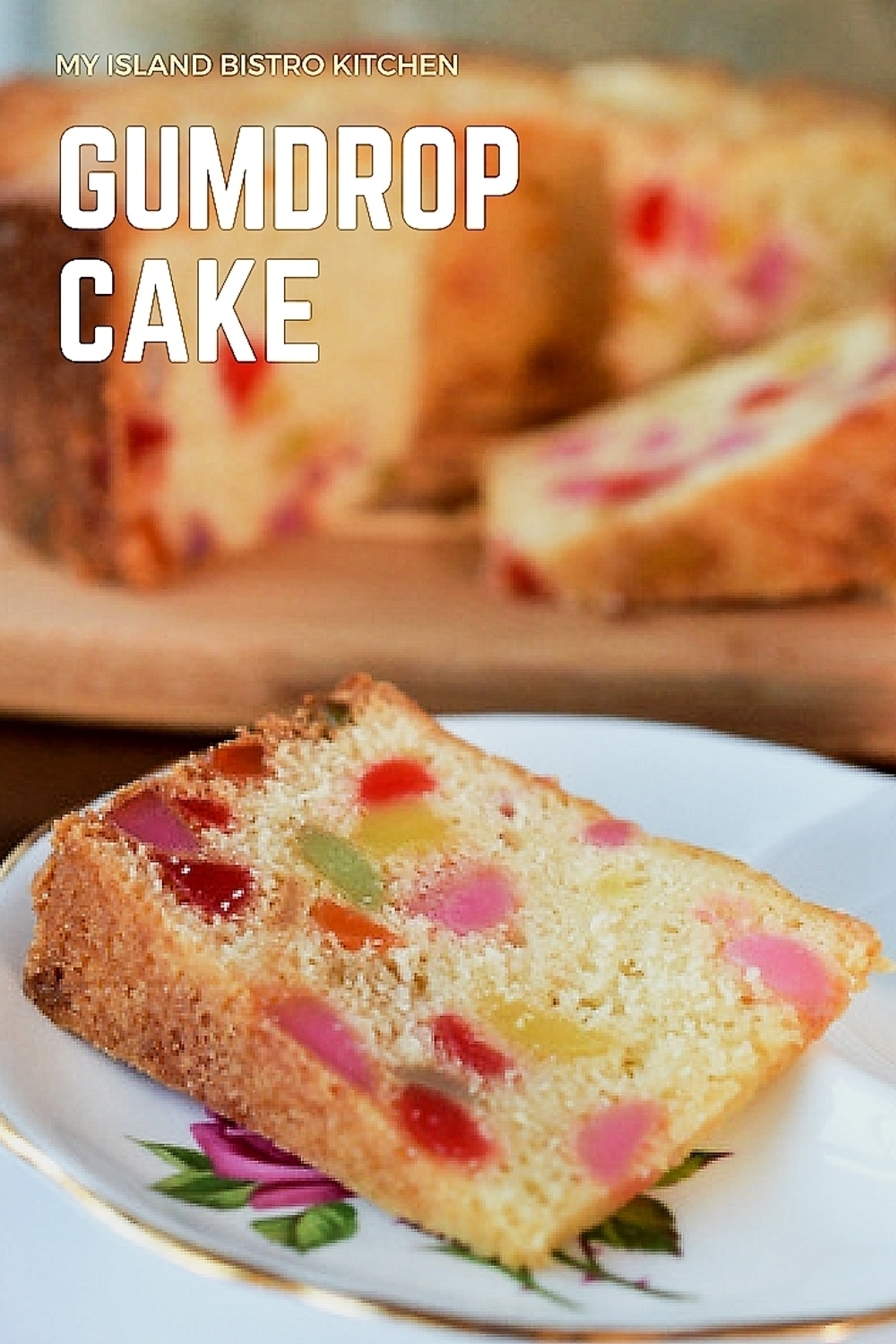 This gumdrop cake is loaded with flavour and dotted with colorful gumdrops.