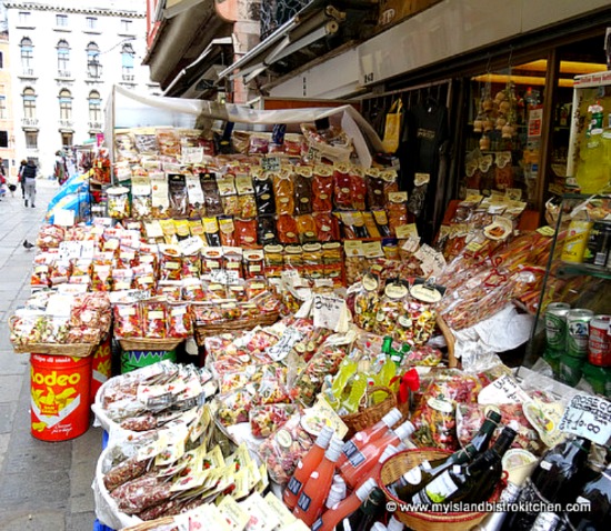 Packages of dry pasta outside a shop in Venice, Italy
