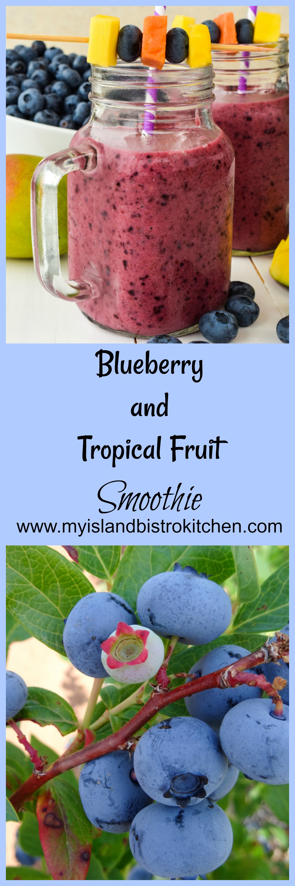 A delicious smoothie made with a blend of blueberries, tropical fruits, lavender yogurt, and mango-citrus fruit juice