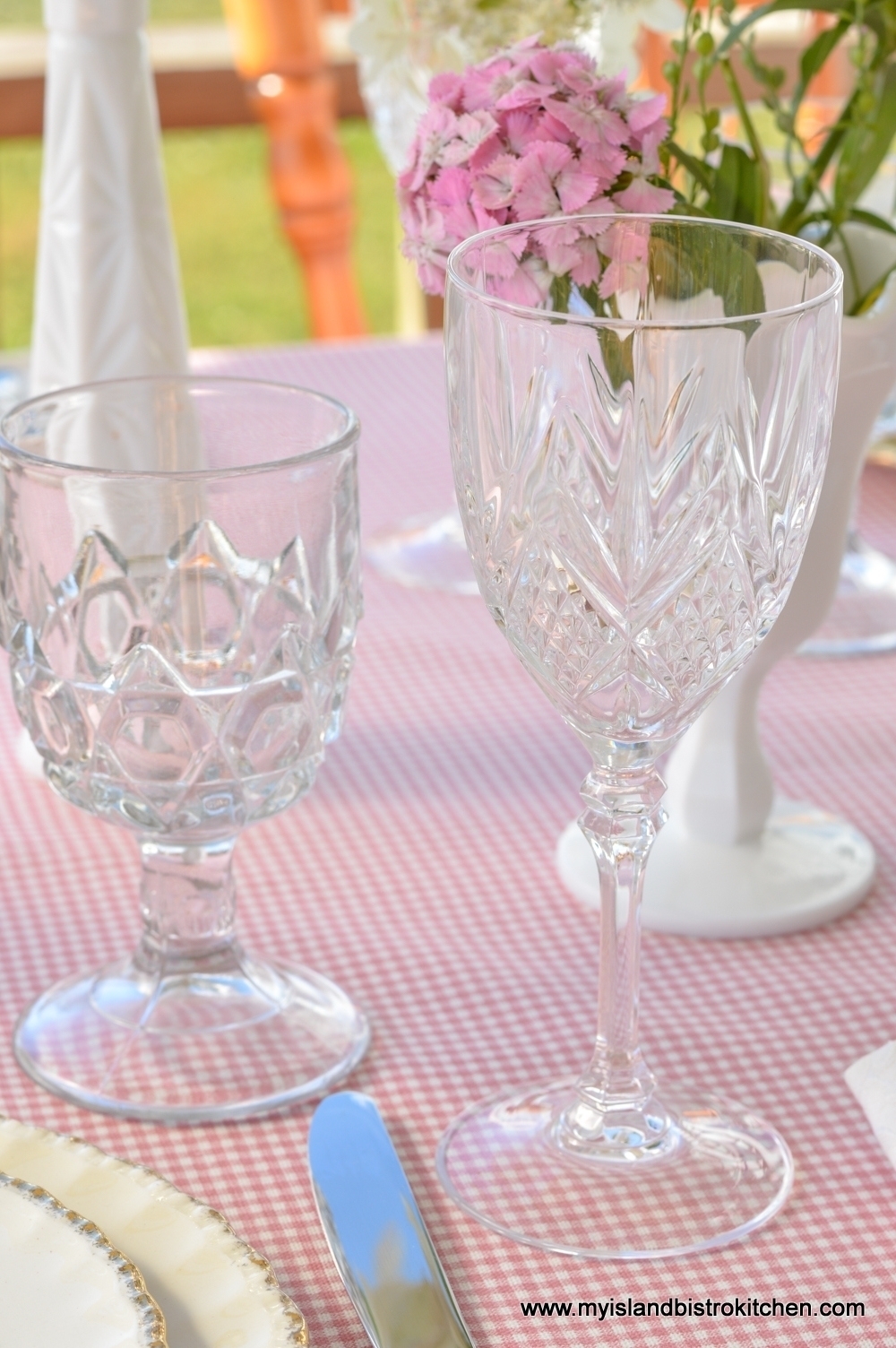 Mixed vintage glassware works in casual tablesettings