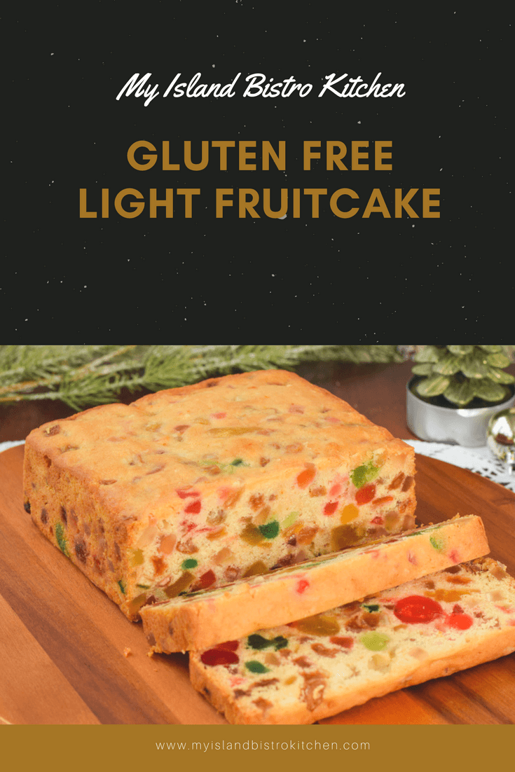 Gluten Free Light Fruitcake studded with glazed fruit and flavored with brandy