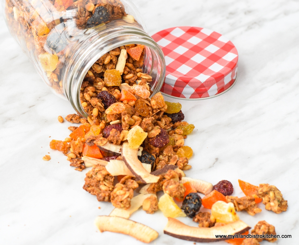 Mason jar with colorful granola spilling out