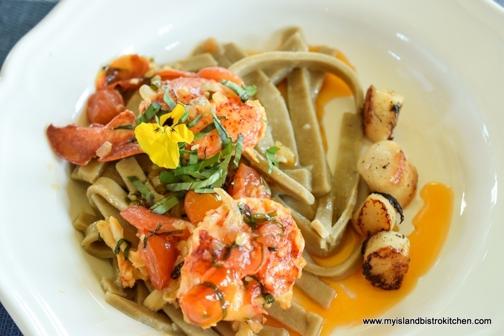 Homemade Pasta Topped with Lobster and Scallops at The Table Culinary Studio in New London, PEI