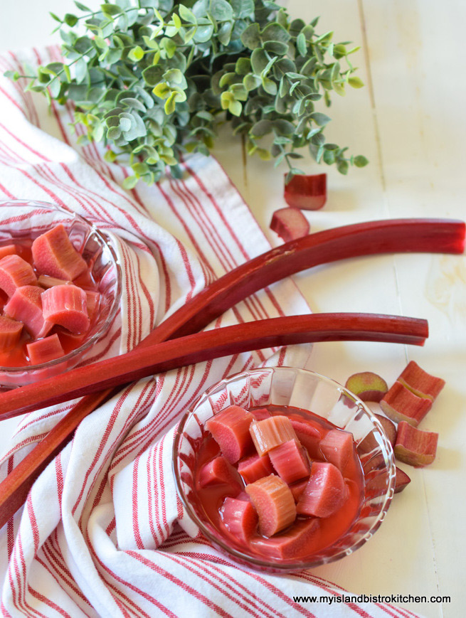 Two glass bowls of stewed rhubarb