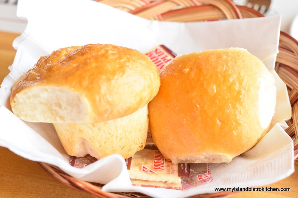Basket of warm homemade rolls at Fisherman's Wharf Lobster Suppers