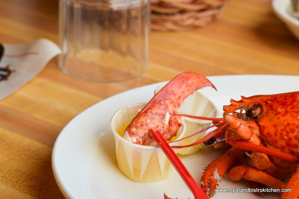 Dipping lobster claw in melted butter