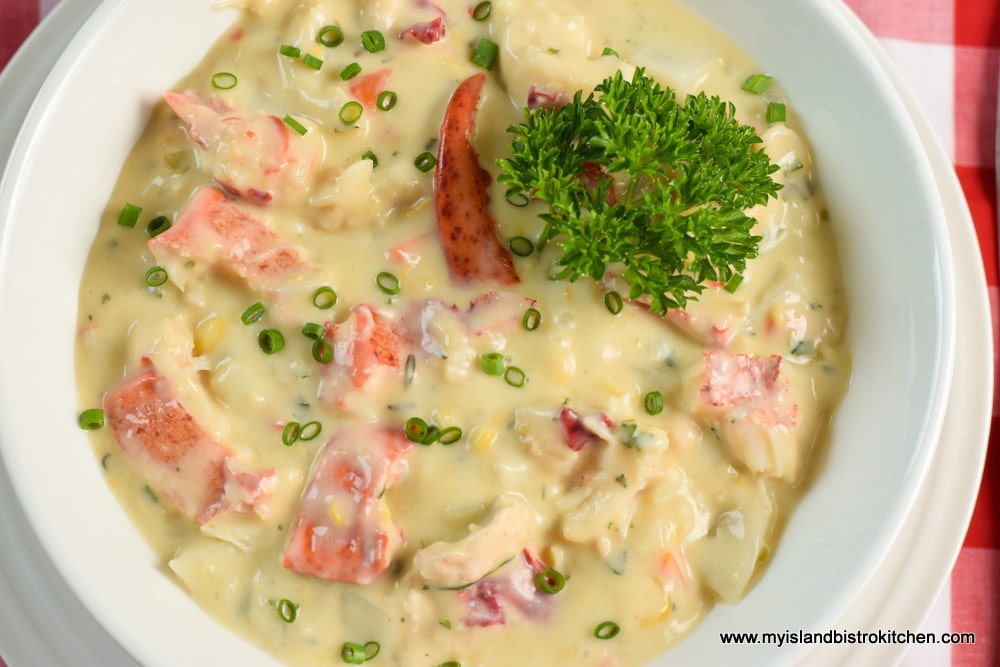 Bowl of chowder made with PEI Lobster and Potatoes