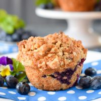 Close up of Blueberry Zucchini Muffin surrounde by blueberries atop a blue and white dotted napkin