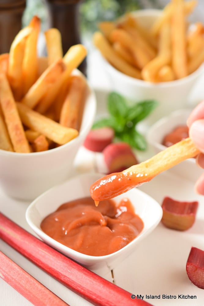 French Fries dipped in Rhubarb Tomato Ketchup
