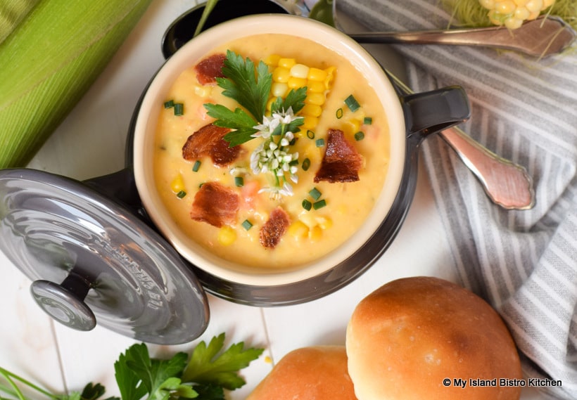 Casserole filled with golden corn chowder 
