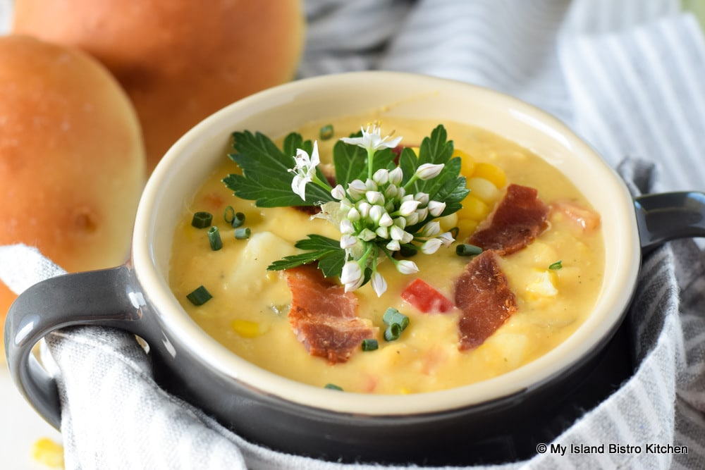 Bowl filled with Corn Chowder