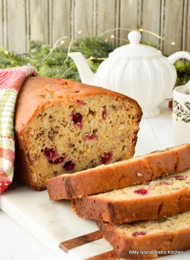 Quick bread studded with ranberries, mixed peel, citron, and pecans