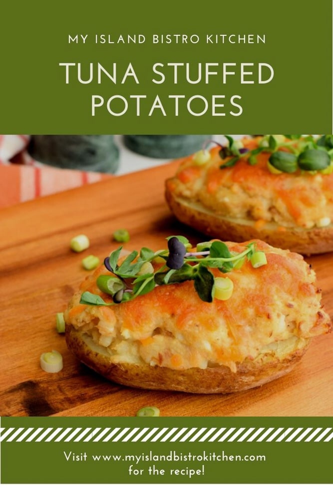 Twice-baked Potatoes topped with melted cheese and pea shoots