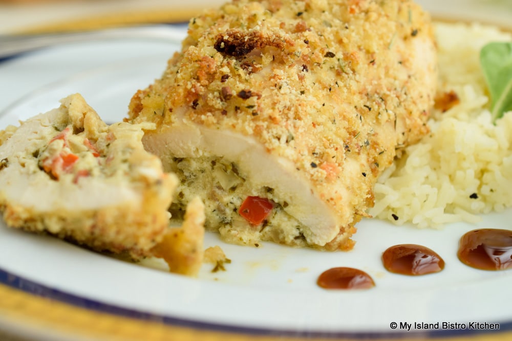 Vegetable, cheese, and pesto stuffed chicken breasts