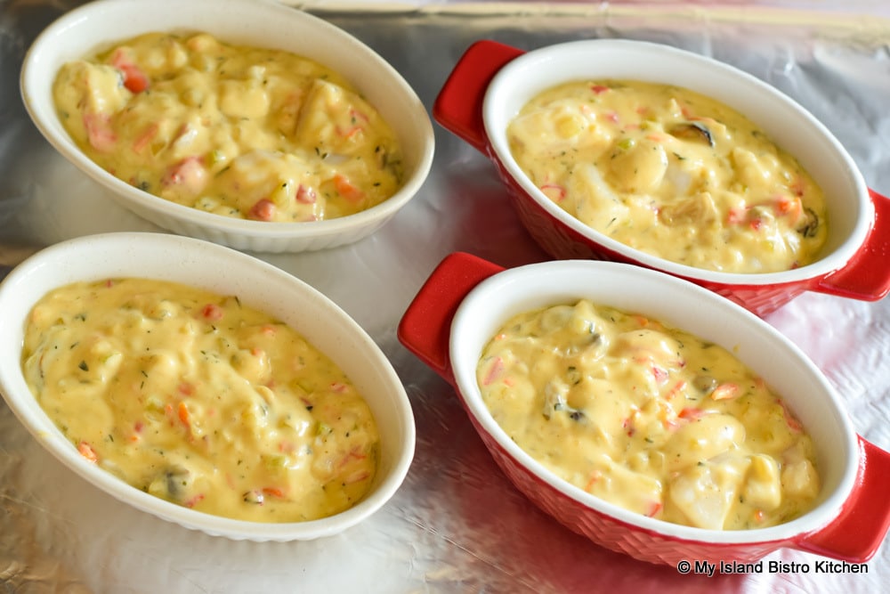 Seafood Casserole in individual baking dishes