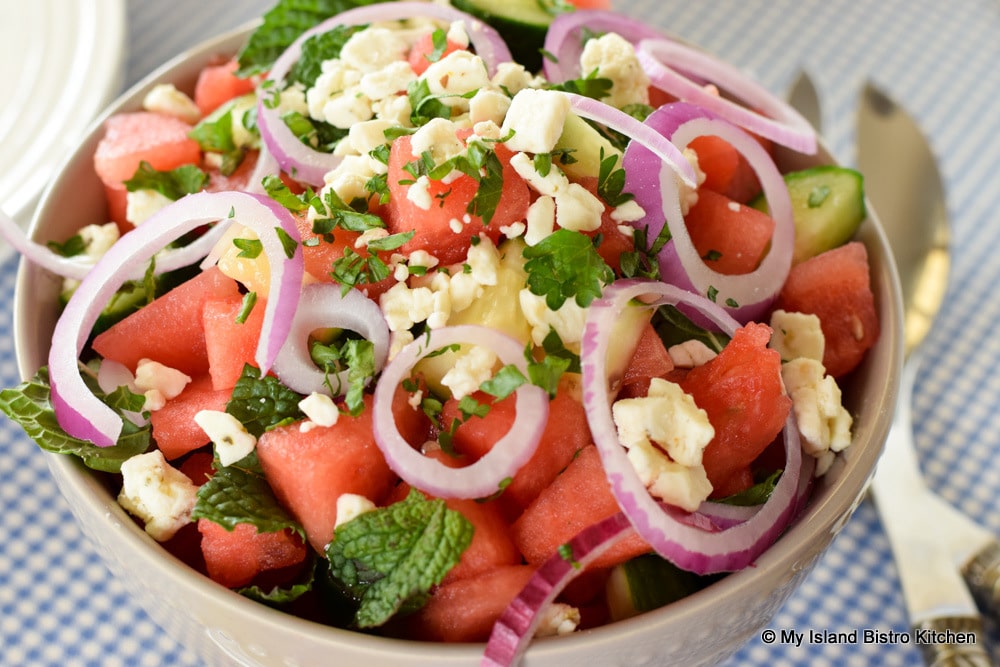 Summer Salad with Watermelon, Cucumber, Red Onion, Mint, and Feta