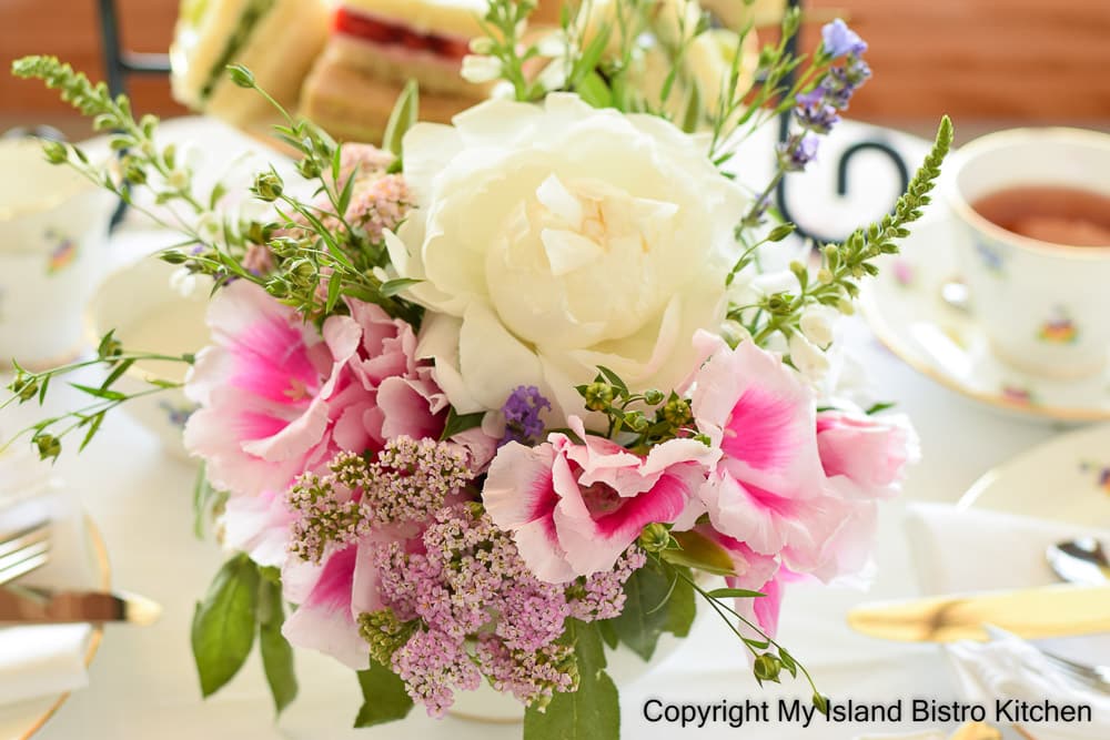 Pink and White Tea Table Floral Centerpiece