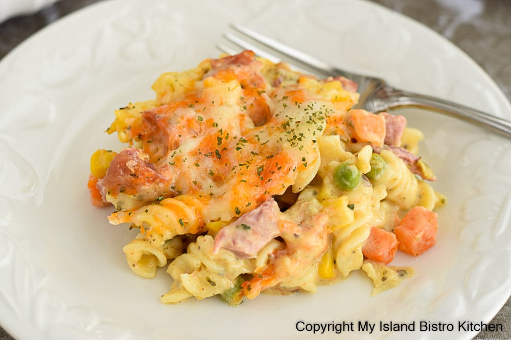 Plate of Casserole made with ham and pasta