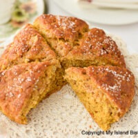 Pumpkin Scones on lace-covered tiered serving plate
