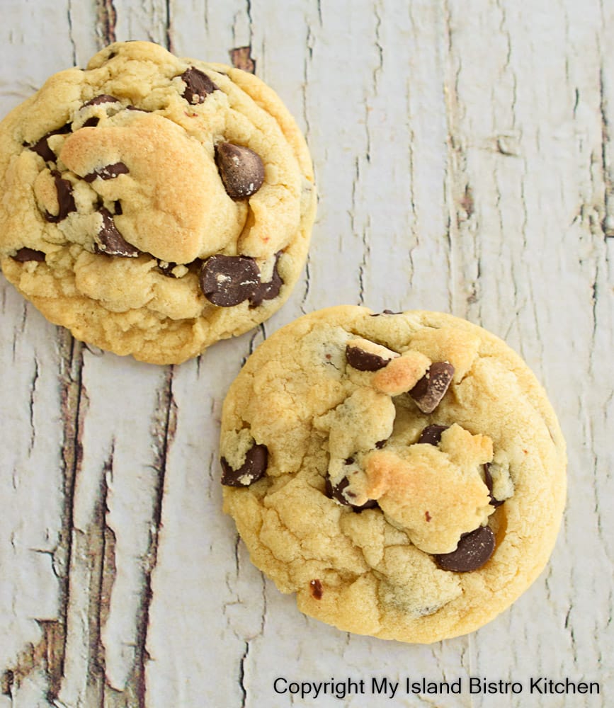 Close up, top-down, view of drop cookies made with chocolate chips