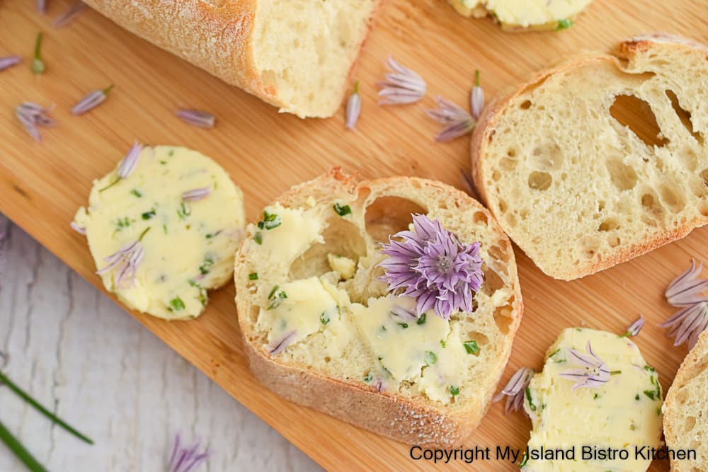 Baguette slices spread with compound butter