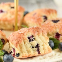 Homemade scones surrounded by blueberries on serving plate