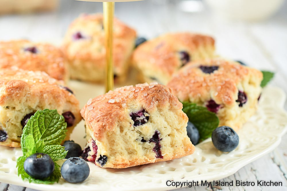 Close-up of scones on plate surrounded by highbush blueberries