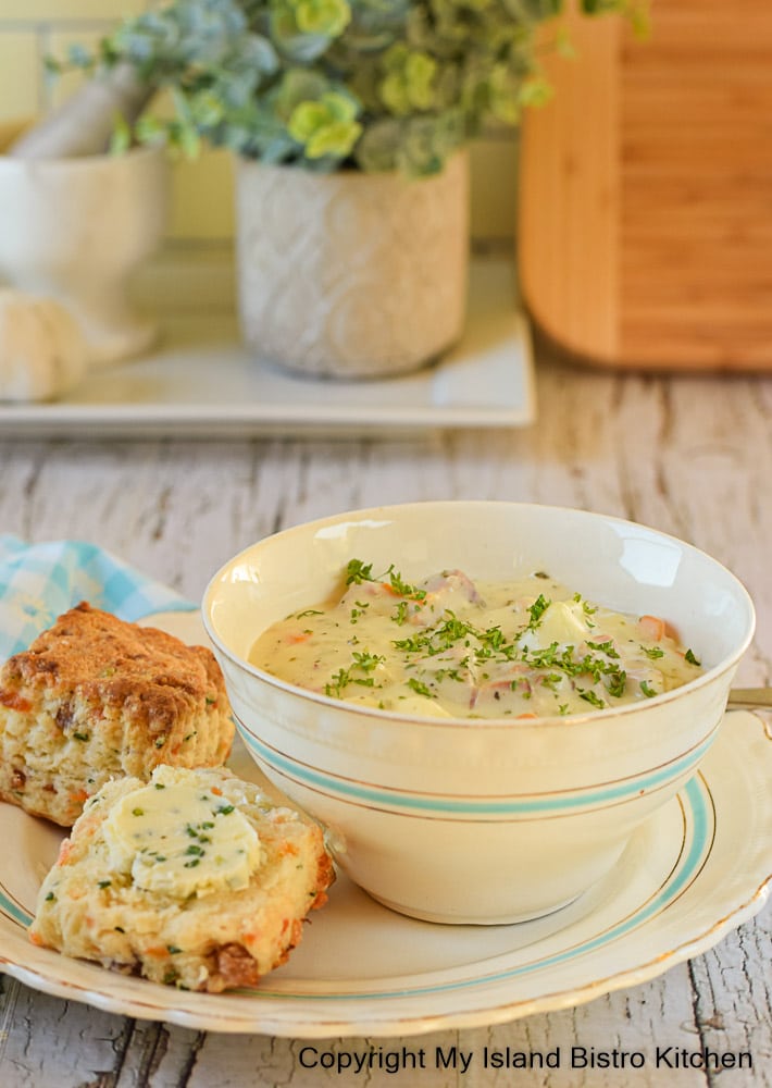 Savory Scones accompany a bowl of thick chowder