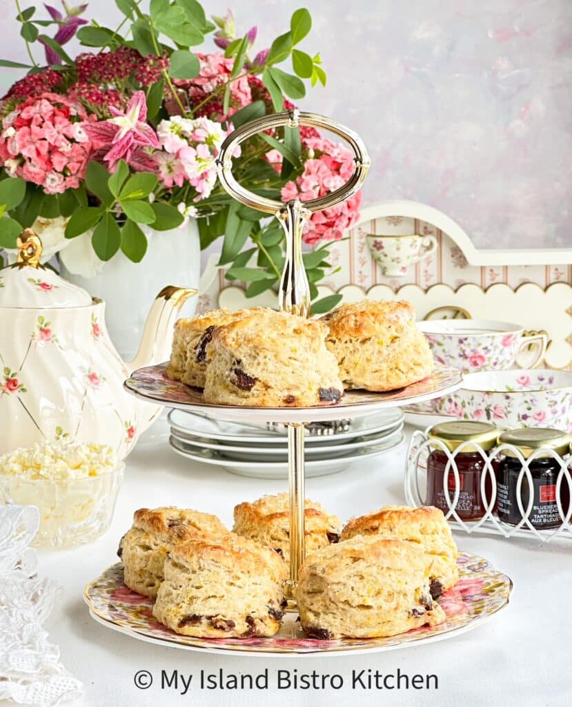 A two-tier server is filled with homemade scones