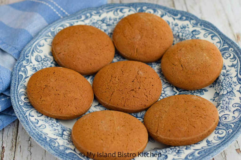 A blue and white plate of homemade cookies