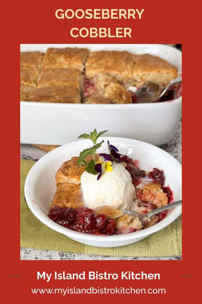 Bowl of Gooseberry dessert with a biscuit-like topping and a scoop of vanilla ice cream