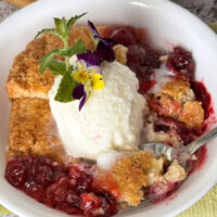 Close-up of a white bowl filled with gooseberry dessert consisting of a cooked filling topped with a biscuit-like topping. A scoop of ice cream dresses the dessert.
