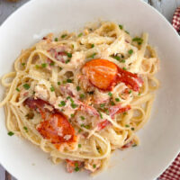 Bowl of Fettuccine topped with lobster