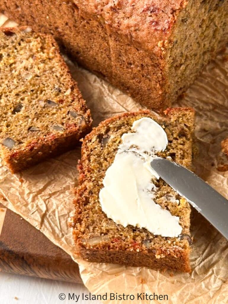 Close-up of slice of buttered Beet  Bread (no yeast)